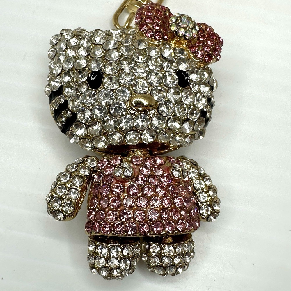 Hello Kitty Style Rhinestone Keychain Pink Crystal Cat Bag Charm Gold Tone